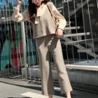 Set: Plaid Vest + Bow Accent Long-sleeve Chiffon Blouse + Cropped Straight-leg Pants