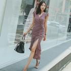 Sleeveless Asymmetric Drawstring Frill Trim Midi Dress