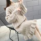 Ruffle Hem Long-sleeve Cable-knit Dress