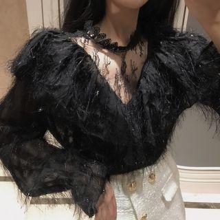 Lace Panel Furry Long-sleeve Top