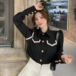 Long-sleeve Contrast Trim Blouse Black - One Size