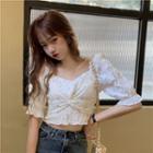 Short-sleeve Floral Print Twist-front Crop Top