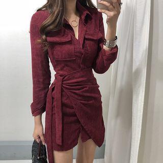 Long-sleeve Asymmetric Tie-waist Corduroy Dress