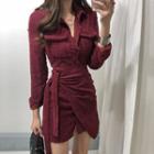 Long-sleeve Asymmetric Tie-waist Corduroy Dress