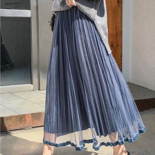 Mesh Overlay Midi A-line Pleated Velvet Skirt