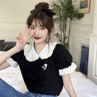 Puff-sleeve Ruffled Floral Embroidered Blouse Black - One Size