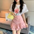 Elbow-sleeve Flower Print T-shirt / Ruffle Hem Mini A-line Skirt