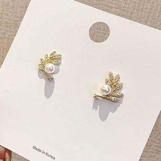 Rhinestone Faux Pearl Ear Stud 1 Pair - 925 Silver Needle - One Size