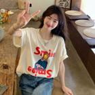 Lettering Cartoon Print T-shirt Beige - One Size