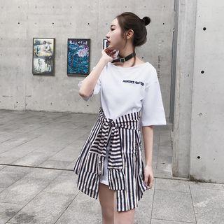 Pinstripe Mock Two-piece Short-sleeve T-shirt Dress