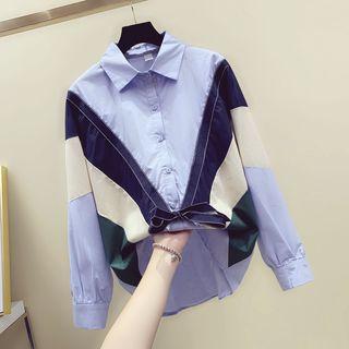 Bow-detail Color-block Long-sleeve Shirt
