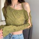 Long-sleeve Cut-out Printed T-shirt Green - One Size