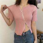 Short-sleeve Plain Asymmetric Double-ended Zip Knit Top