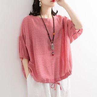 Elbow-sleeve Drawstring Hem Blouse