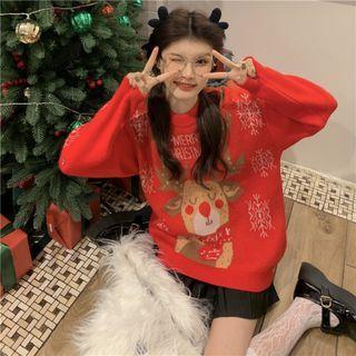 Long-sleeve Round-neck Deer Print Sweater