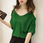 Cut Out Shoulder Elbow Sleeve Knit Sweater