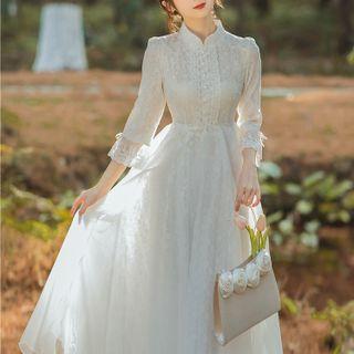 3/4-sleeve Embroidered Mesh Panel Midi A-line Dress