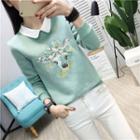 Deer Embroidered Collared Pullover