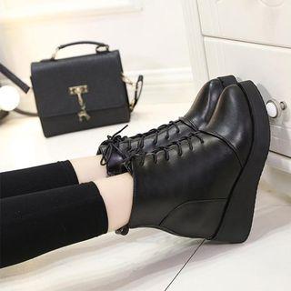 Faux Leather Lace Up Platform Hidden Wedge Ankle Boots