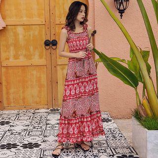 Ruffle Strap Patterned Midi A-line Dress