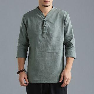 Elbow-sleeve V-neck Linen Top