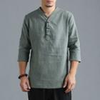 Elbow-sleeve V-neck Linen Top