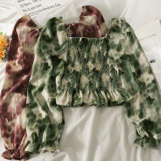 Tie-dyed Ruffle-trim Smocked Crop Top