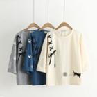 Lace-up Cat Embroidered 3/4-sleeve T-shirt