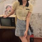 Short-sleeve Collar Zip Top / Plaid Lace Up Jacket