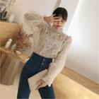 Set: Frilled Sheer Lace Blouse + Camisole Top Beige - One Size