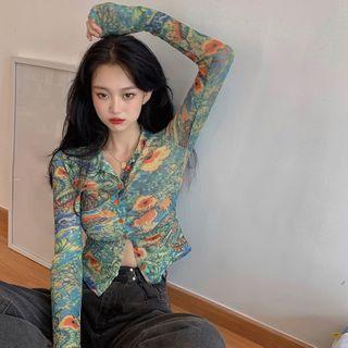 Long Sleeve Flower Print Cropped Shirt