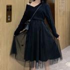 V-neck Chunky Knit Sweater / Mesh Panel Spaghetti Strap Dress