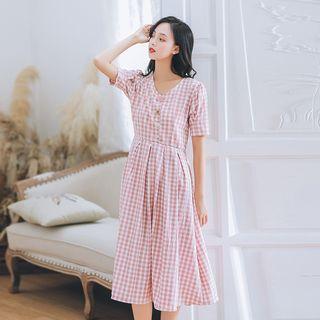 Plaid Button Accent Short-sleeve Dress