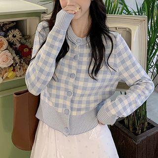 Round-neck Plaid Sweater Cardigan