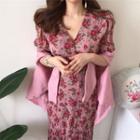 Short-sleeve Floral Maxi Sheath Dress Pink - One Size