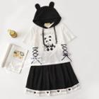 Short-sleeve Panda Print Hoodie / Mini A-line Skirt / Set