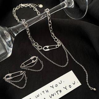 Set: Safety Pin Layered Stainless Steel Choker + Dangle Earring