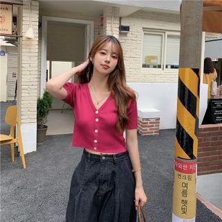 Short-sleeve V-neck Button-up Knit Crop Top