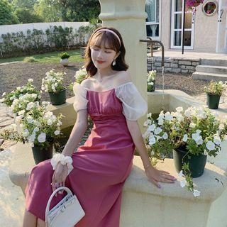 Mesh Panel Puff-sleeve Midi A-line Dress