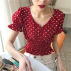 Short-sleeve Dotted Crop Blouse Red - One Size