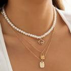 Lock Planet Pendant Layered Faux Pearl Alloy Necklace Gold - One Size