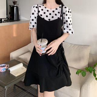 Set: Short-sleeve Blouse + Strappy A-line Dress