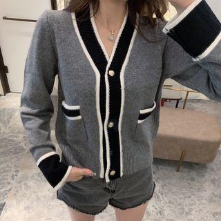 Contrast Trim Cardigan Dark Gray - One Size