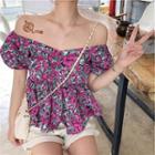Puff-sleeve Floral Printed Tie-waist Blouse