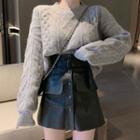 Cable Knit Sweater / Faux Leather A-line Mini Skirt / Set