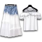 Set: Cold-shoulder Ruffle Top + Denim Panel Midi Mesh Skirt