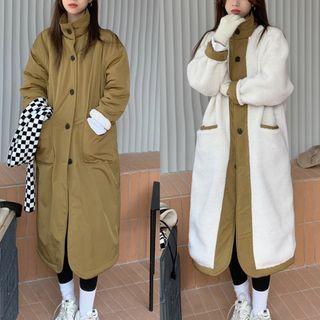Reversible Button-up Padded Long Coat Khaki & White - One Size