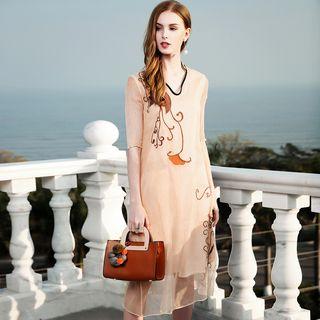 V-neck Embroidered Elbow-sleeve Dress