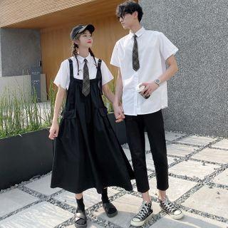 Couple Matching Short-sleeve Shirt / Midi Jumper Dress / Cropped Straight-fit Pants