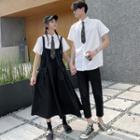 Couple Matching Short-sleeve Shirt / Midi Jumper Dress / Cropped Straight-fit Pants